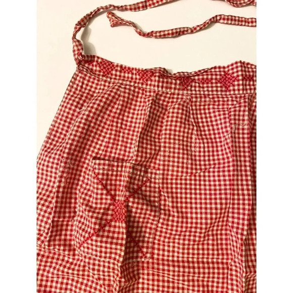 Vintage Red and White Pattern Half Apron One Pocket 18  Inch Long Tie Back - Picture 5 of 12